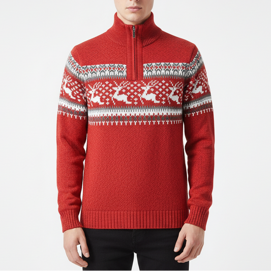 Neil | Men’s Nordic-Pattern Knit Sweater with Mock Neck & Half-Zip