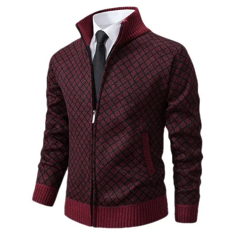 Evan | Men’s High Collar Zip-Up Knitted Cardigan with Patterns