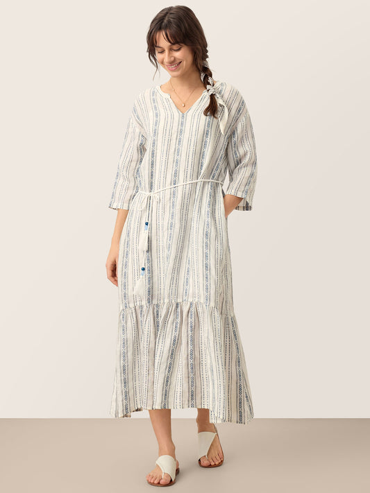 Delaney | Women’s Linen Split Neck Ruffle Boho Maxi Dress