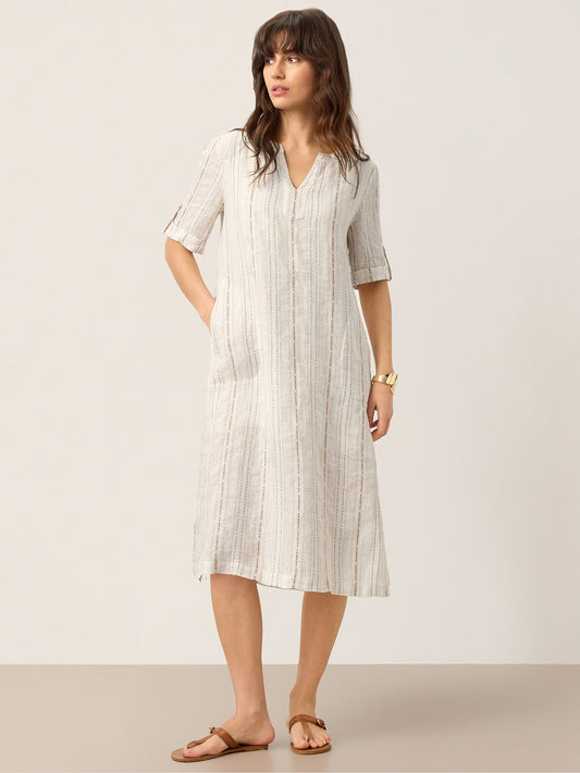 Mackenzie | Women’s Linen Striped Neck Boho Midi Dress