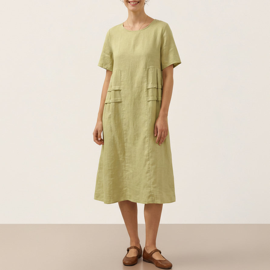 Kinsley | Women’s Sage Linen Pleated Crew Neck Midi Dress