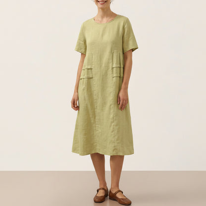 Kinsley | Women’s Sage Linen Pleated Crew Neck Midi Dress