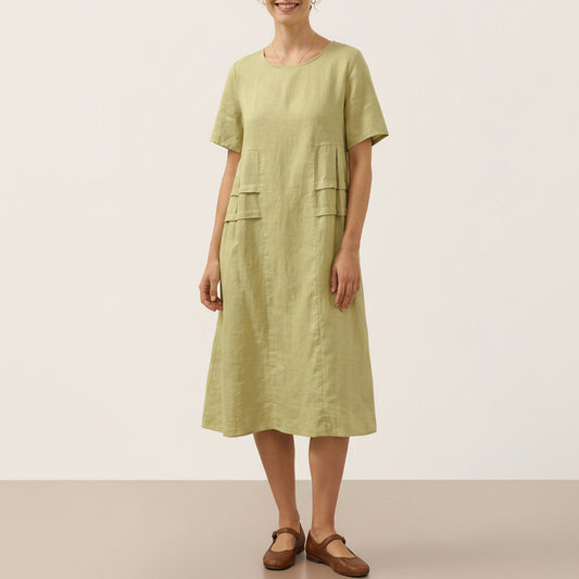 Kinsley | Women’s Sage Linen Pleated Crew Neck Midi Dress