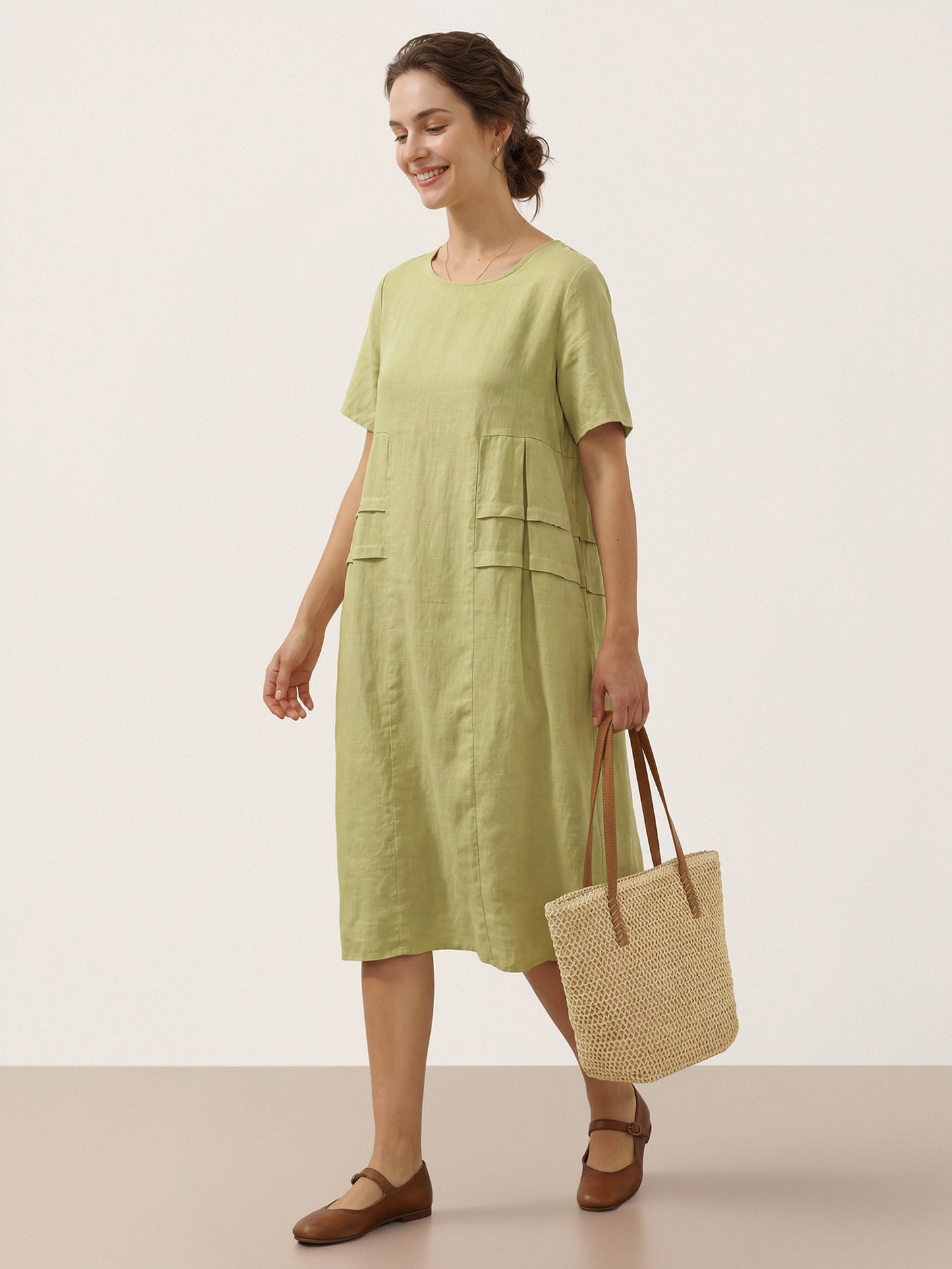 Kinsley | Women’s Sage Linen Pleated Crew Neck Midi Dress