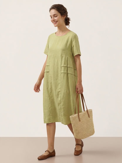 Kinsley | Women’s Sage Linen Pleated Crew Neck Midi Dress