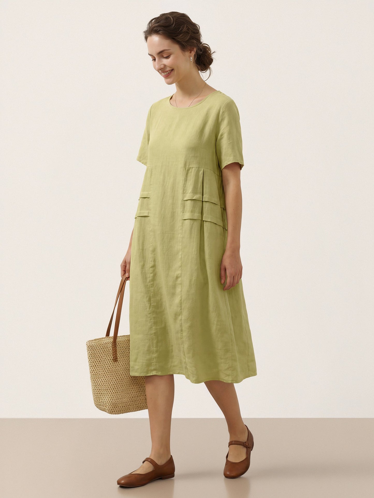 Kinsley | Women’s Sage Linen Pleated Crew Neck Midi Dress