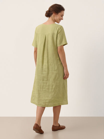 Kinsley | Women’s Sage Linen Pleated Crew Neck Midi Dress