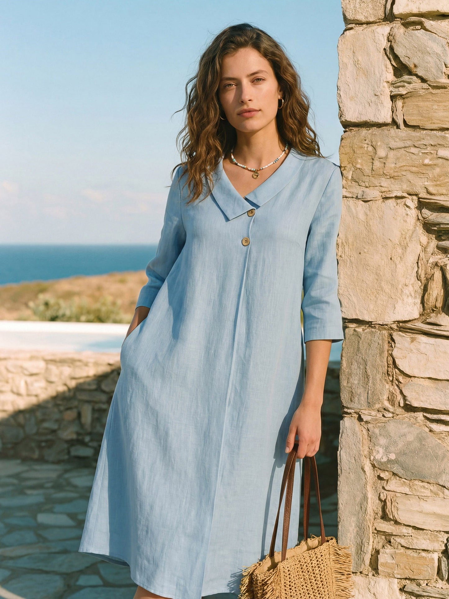 Peyton | Women’s Linen Asymmetric Shawl Collar A-Line Midi Dress