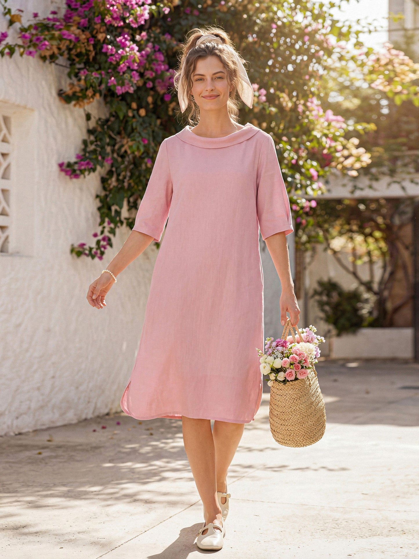 Alliah | Women’s Blush Linen Tie-Back Midi Dress