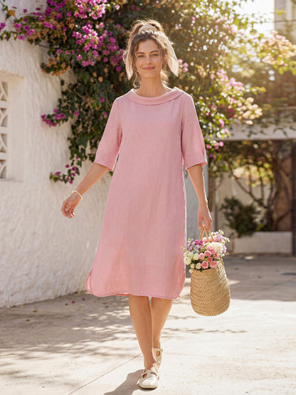Alliah | Women’s Blush Linen Tie-Back Midi Dress
