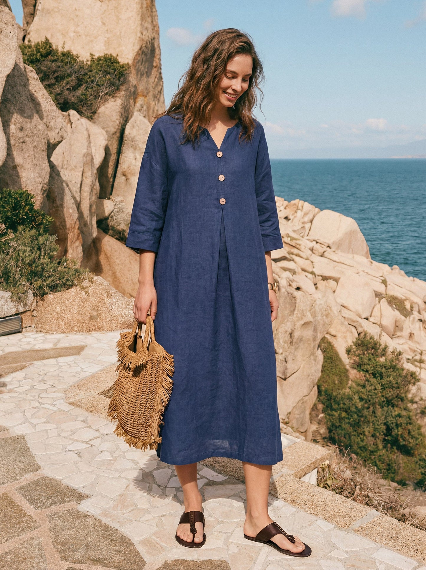 Hadley | Women’s Navy Linen Notch Neck Pleated Maxi Dress