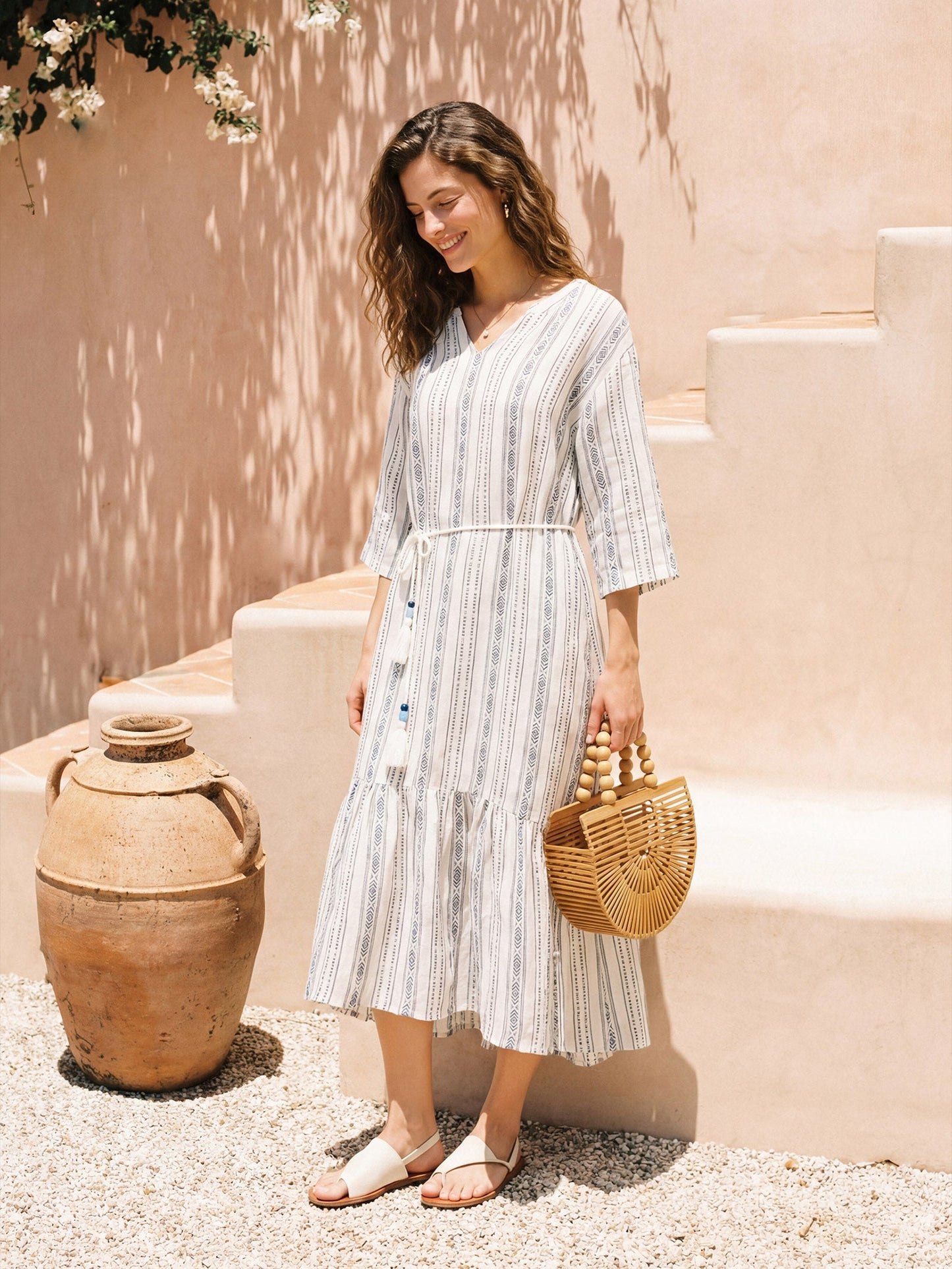Delaney | Women’s Linen Split Neck Ruffle Boho Maxi Dress