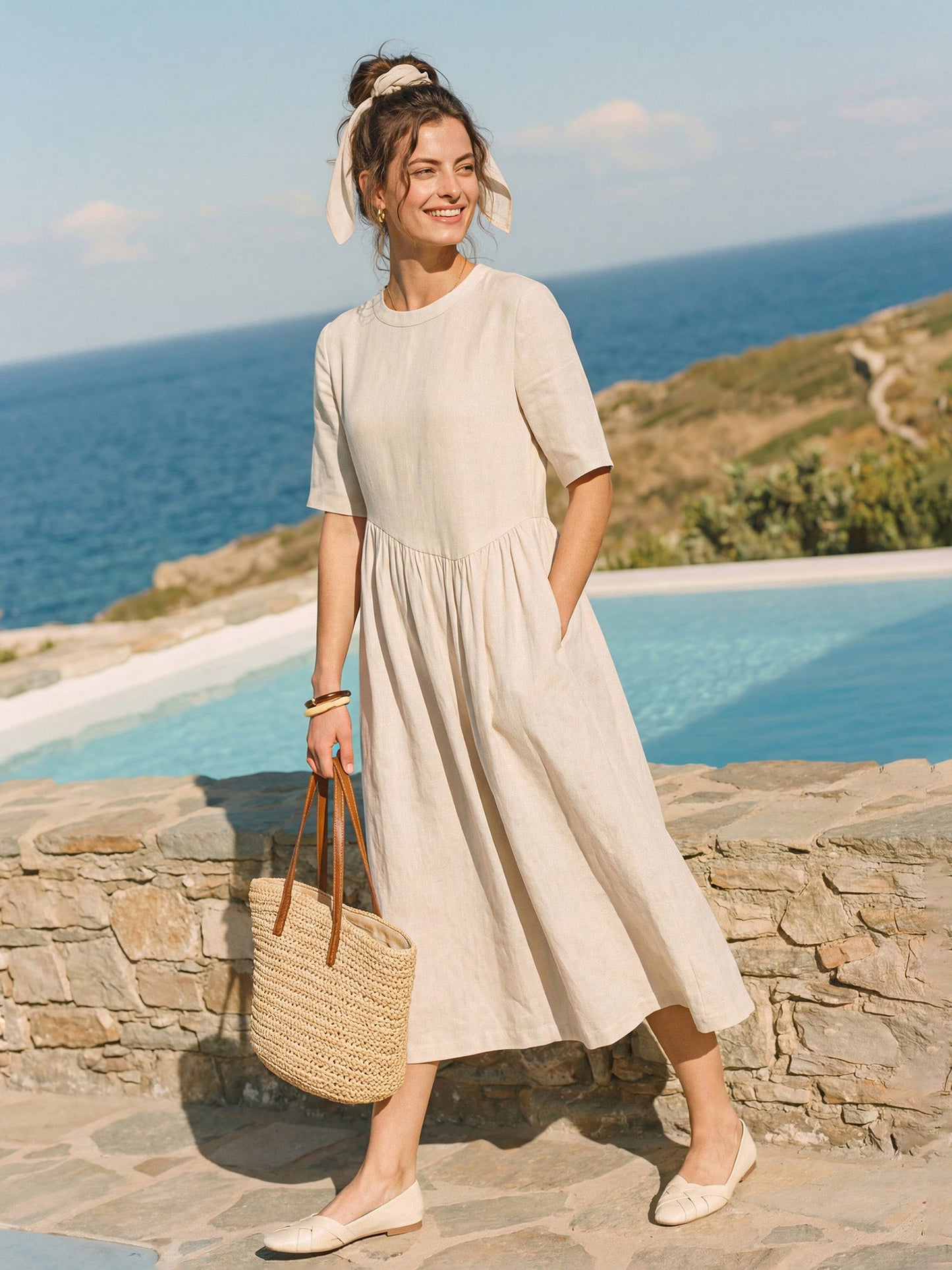 Tessa | Women’s Linen Arch-Seam Fluid Midi Dress