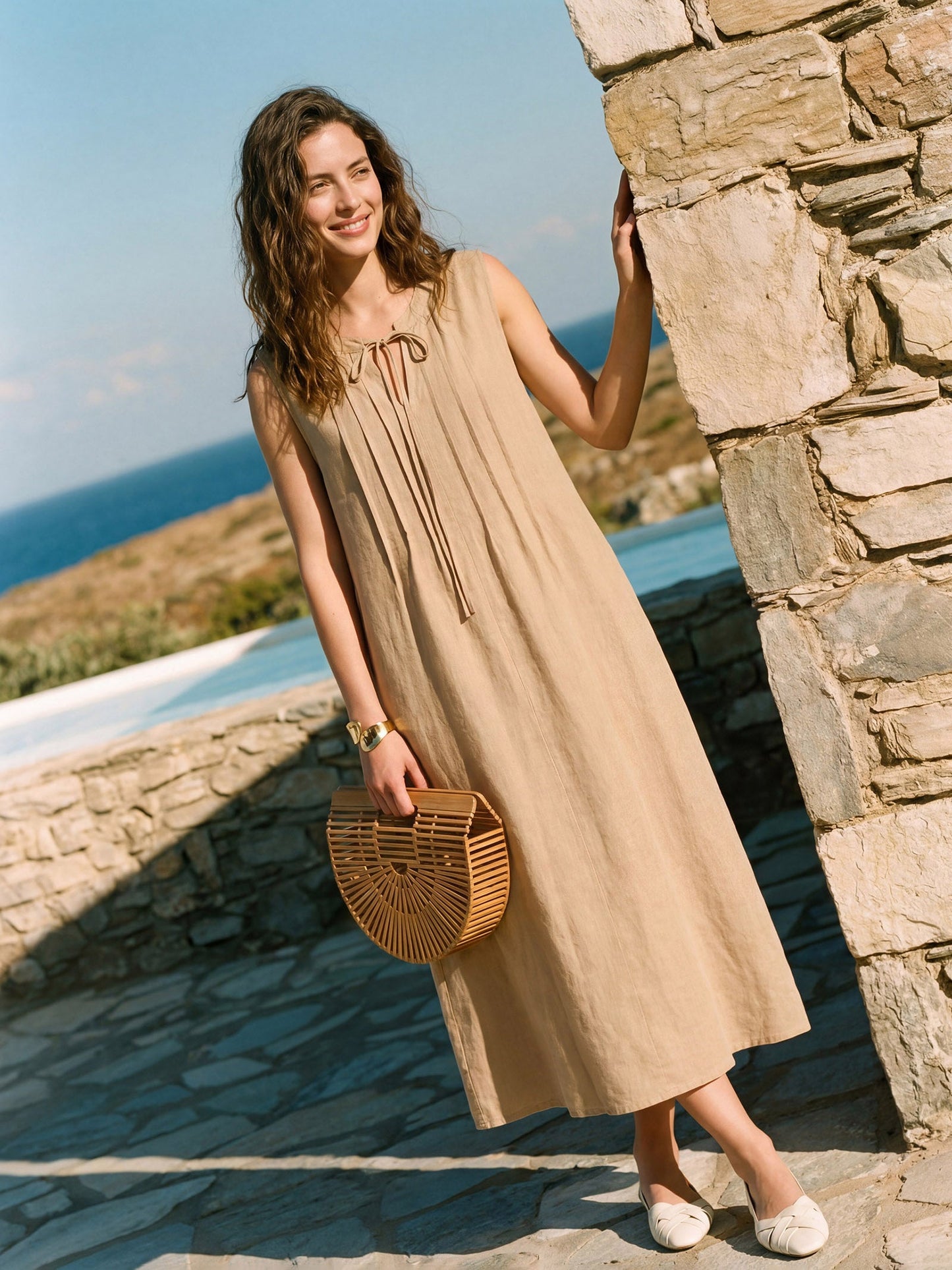 Brynlee | Women’s Linen Sleeveless Tie-Neck Maxi Dress