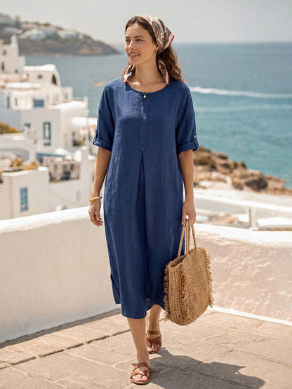 Rowan | Women’s Linen Roll-Up Sleeve Pleated Maxi Dress