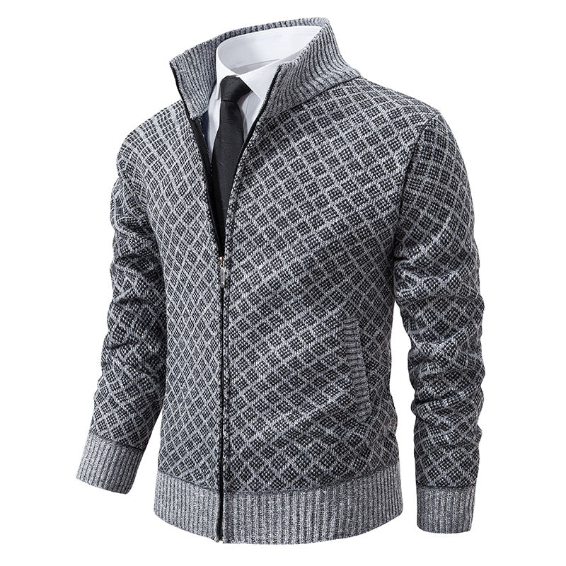 Evan | Men’s High Collar Zip-Up Knitted Cardigan with Patterns