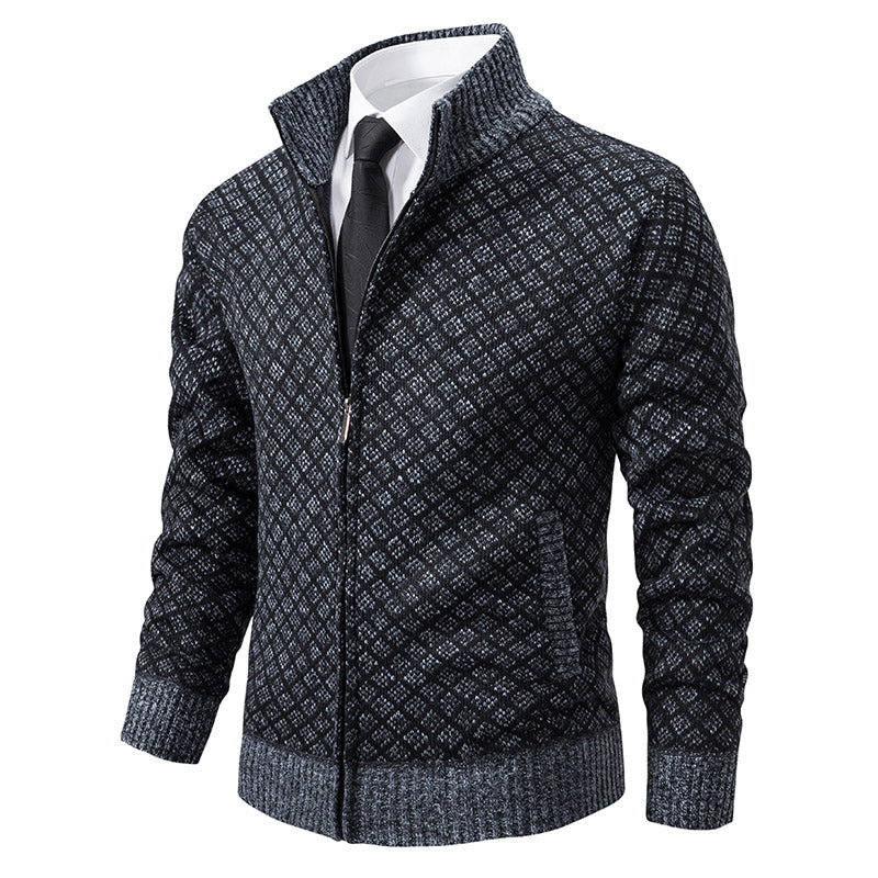 Evan | Men’s High Collar Zip-Up Knitted Cardigan with Patterns