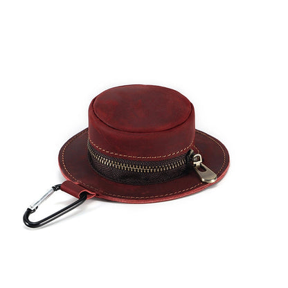 Mini Bucket Hat Coin Purse in Crazy Horse Leather – Stylish Change Purse with Zipper Closure and Metal Hook for Easy Attachment 0