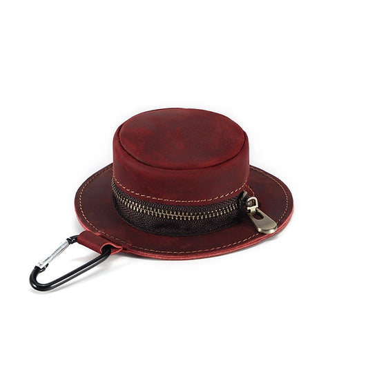 Mini Bucket Hat Coin Purse in Crazy Horse Leather – Stylish Change Purse with Zipper Closure and Metal Hook for Easy Attachment 0