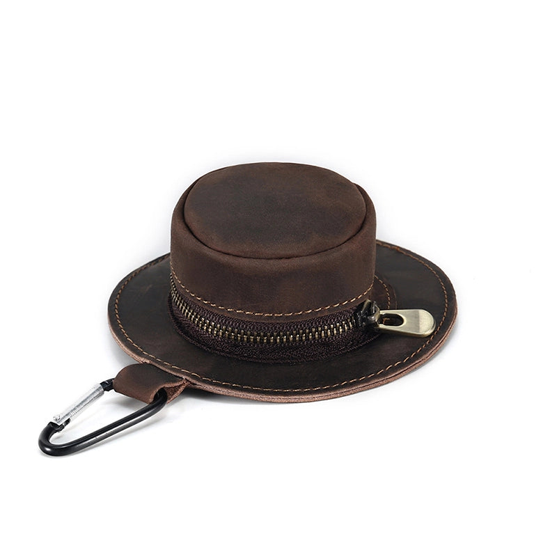 Mini Bucket Hat Coin Purse in Crazy Horse Leather – Stylish Change Purse with Zipper Closure and Metal Hook for Easy Attachment 10