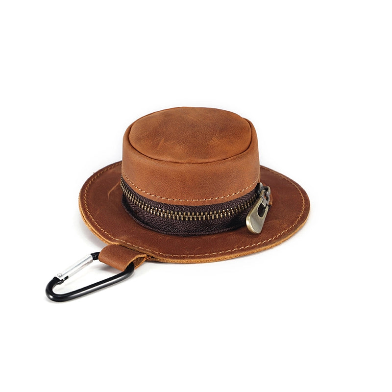 Mini Bucket Hat Coin Purse in Crazy Horse Leather – Stylish Change Purse with Zipper Closure and Metal Hook for Easy Attachment 11