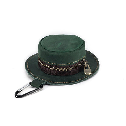 Mini Bucket Hat Coin Purse in Crazy Horse Leather – Stylish Change Purse with Zipper Closure and Metal Hook for Easy Attachment 12