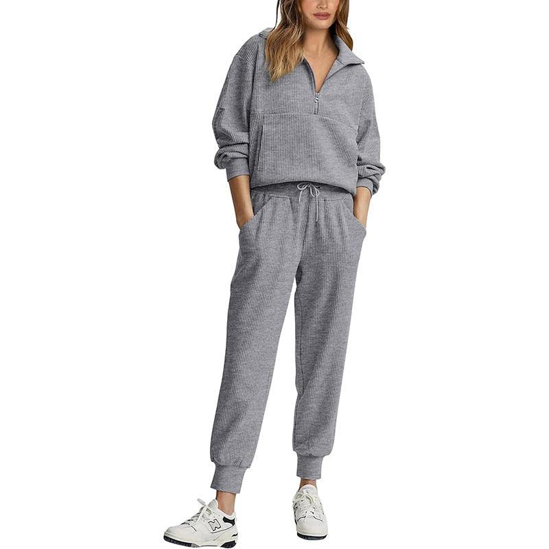 Hannah | Women’s Cozy Ribbed Tracksuit – Half Zip Sweatshirt & Drawstring Joggers