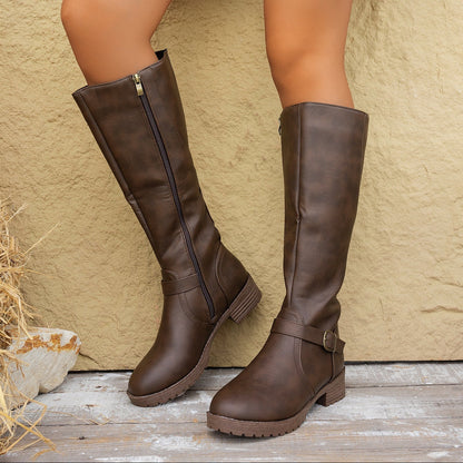 May | Women’s Leather Knee-High Boots with Buckle Strap