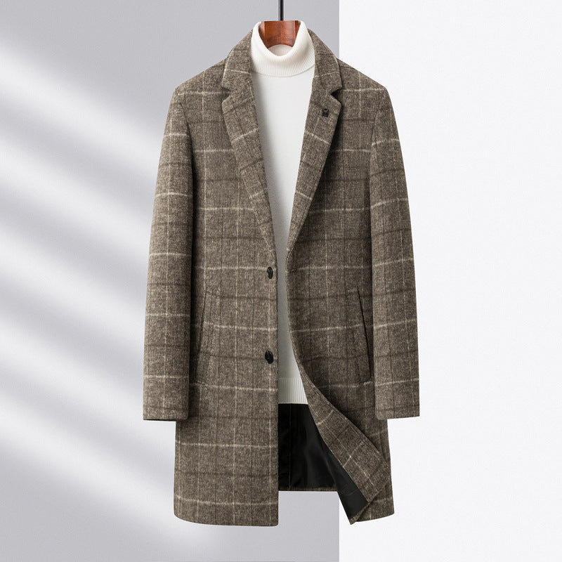 Dominic | Men’s Mid-Length Overcoat with Notch Lapel & Checked Pattern