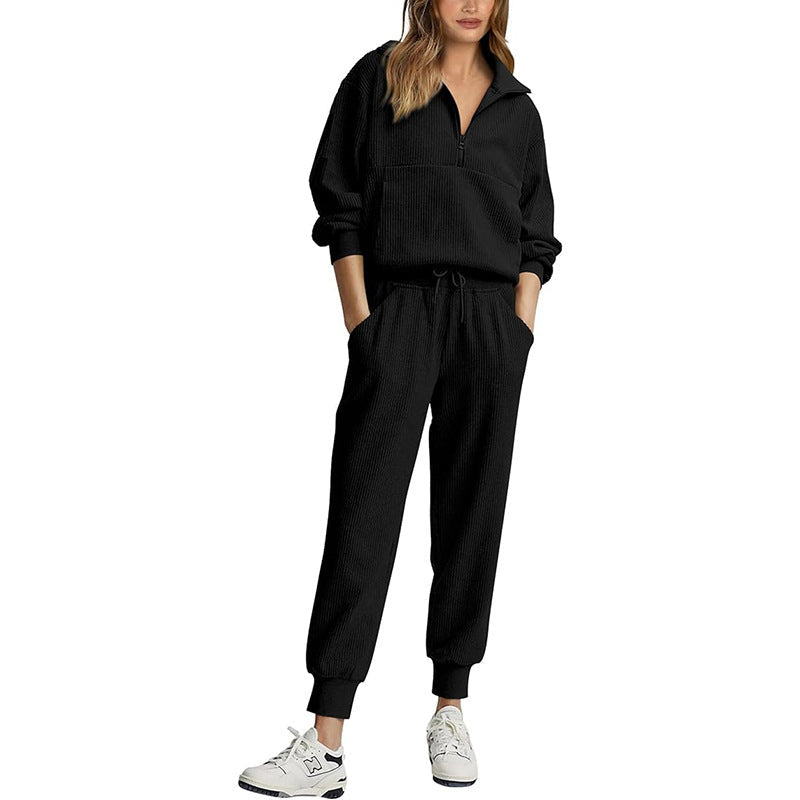Hannah | Women’s Cozy Ribbed Tracksuit – Half Zip Sweatshirt & Drawstring Joggers