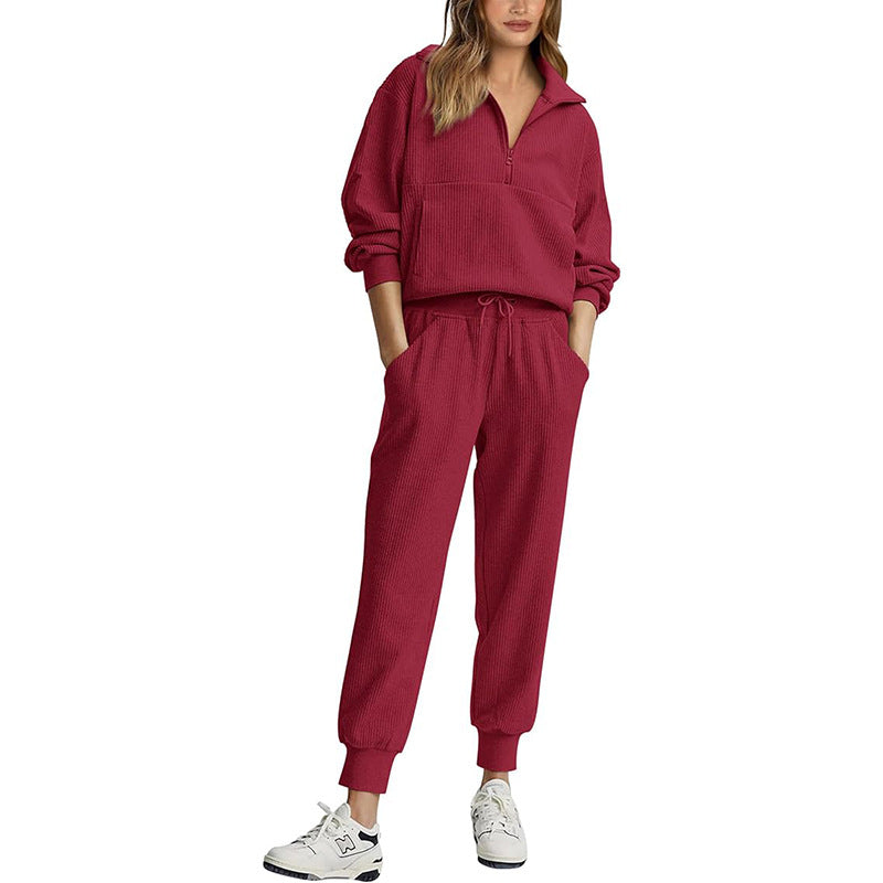 Hannah | Women’s Cozy Ribbed Tracksuit – Half Zip Sweatshirt & Drawstring Joggers