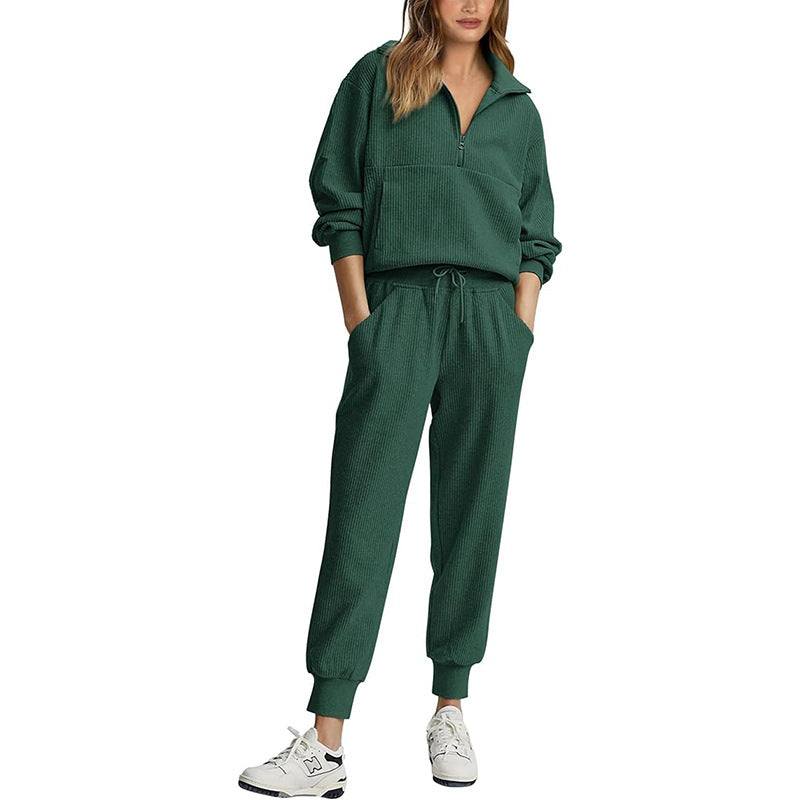 Hannah | Women’s Cozy Ribbed Tracksuit – Half Zip Sweatshirt & Drawstring Joggers