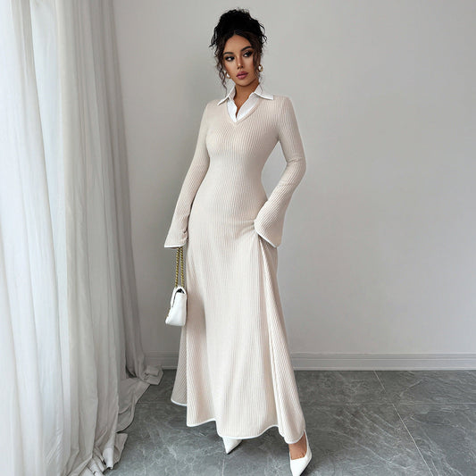 Margaret | Women’s Ribbed Knit Maxi Dress with Flared Sleeves