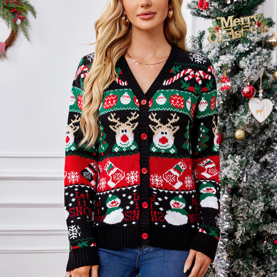 Marisol | Women’s V-Neck Button Front Festive Christmas Sweater