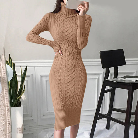 Miya | Women’s Fitted Midi Cable Knit Turtleneck Dress