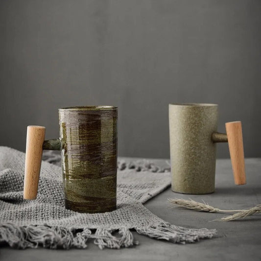 Latte Mug Ceramic | Coffee Cup with Wooden Handle