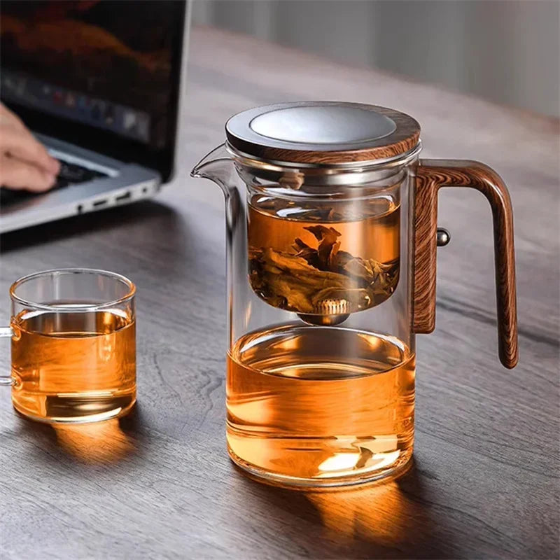 Tea Infuser Kettle | Glass Teapot with Wooden Handle Accent