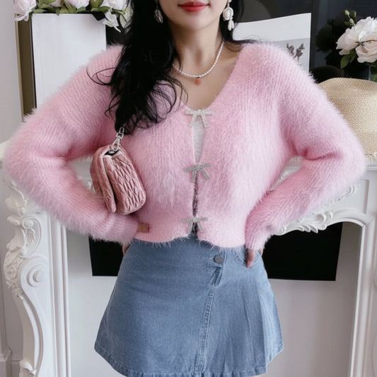 Mirella | Women’s Cropped Cardigan with Bow-Shaped Crystal