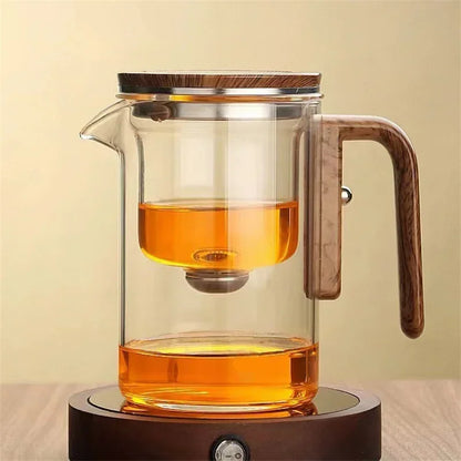 Tea Infuser Kettle | Glass Teapot with Wooden Handle Accent