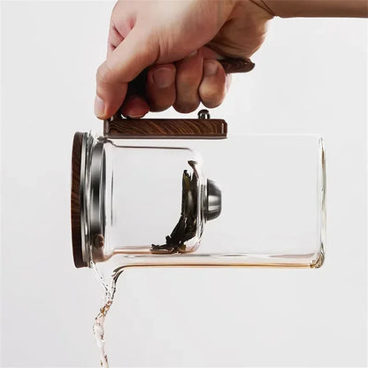 Tea Infuser Kettle | Glass Teapot with Wooden Handle Accent