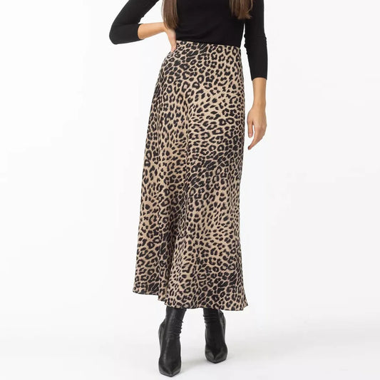 Megan | Women’s Silky Satin Leopard Midi Skirt