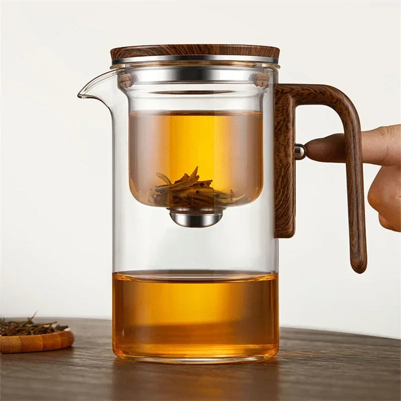 Tea Infuser Kettle | Glass Teapot with Wooden Handle Accent