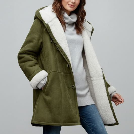 Rowena | Women’s Hooded Suede Shearling Coat with Plush Interior