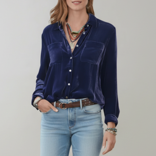 Veronica | Women’s Velvet Button-Up Blouse with Chest Pockets