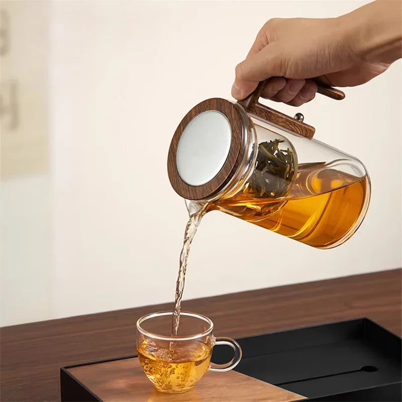 Tea Infuser Kettle | Glass Teapot with Wooden Handle Accent