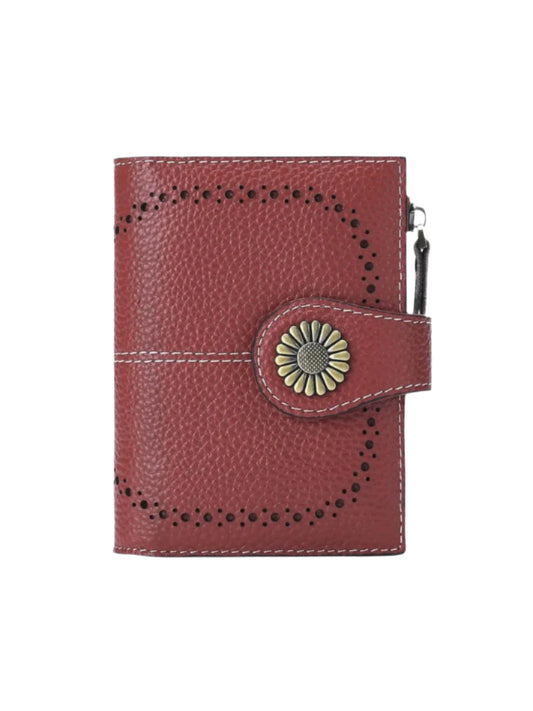Stylish Women's Wallet in Red Cowhide Leather with RFID Protection and Floral Pattern – Ample Storage and Durable Design 0