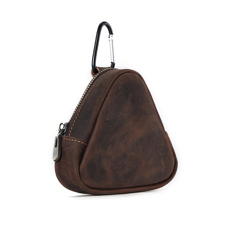 Triangular Leather Coin Purse – Durable Crazy Horse Leather with Zipper Closure for Coins and Small Essentials 2