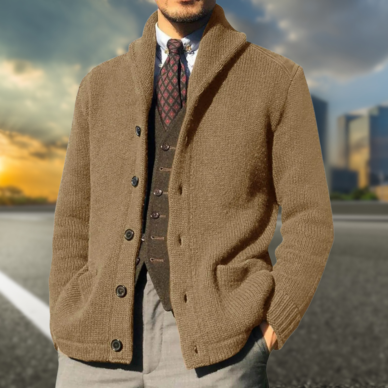 Nathan | Men’s Classic Knit Cardigan with Shawl Collar and Buttons
