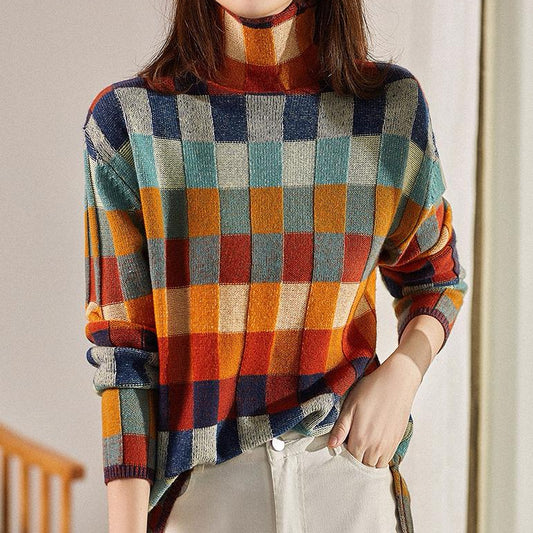 Adriel | Women’s Colorful Checkered High Collar Knit Sweater