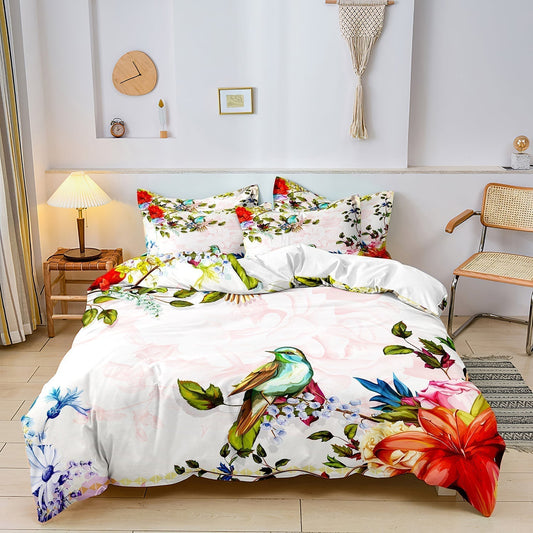 Cotton Duvet Cover Set | Elegant Floral and Bird Print Bedding